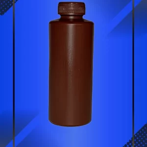 Botella 125 ml color Cafe con tapa con leyenda escrita en fondo azul