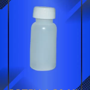 Botella 20 ml tipo chochero color natural con tapa blanca con leyenda escrita en fondo azul