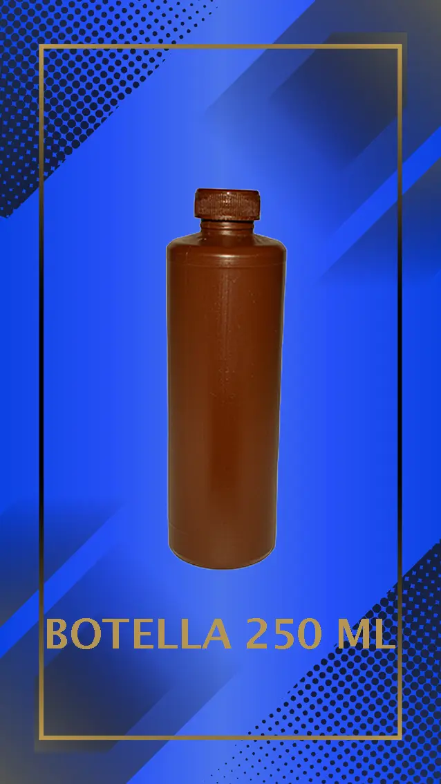 Botella 250 ml color Cafe con tapa con leyenda escrita en fondo azul