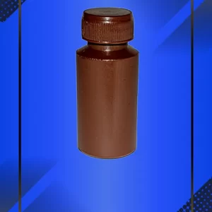Botella 30 ml color Cafe con tapa con leyenda escrita en fondo azul