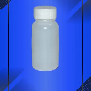 Botella 30 ml tipo chochero color natural con tapa blanca con leyenda escrita en fondo azul