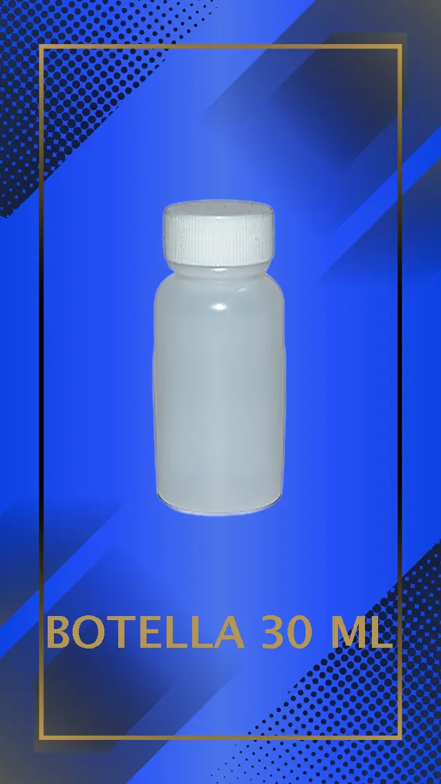 Botella 30 ml tipo chochero color natural con tapa blanca con leyenda escrita en fondo azul