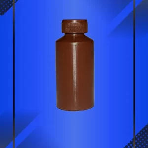 Botella 60 ml color Cafe con tapa con leyenda escrita en fondo azul