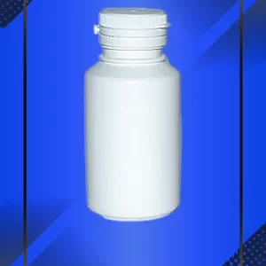 Botella 80 ml tipo inviolable color Blanco con tapa blanca con leyenda escrita en fondo azul