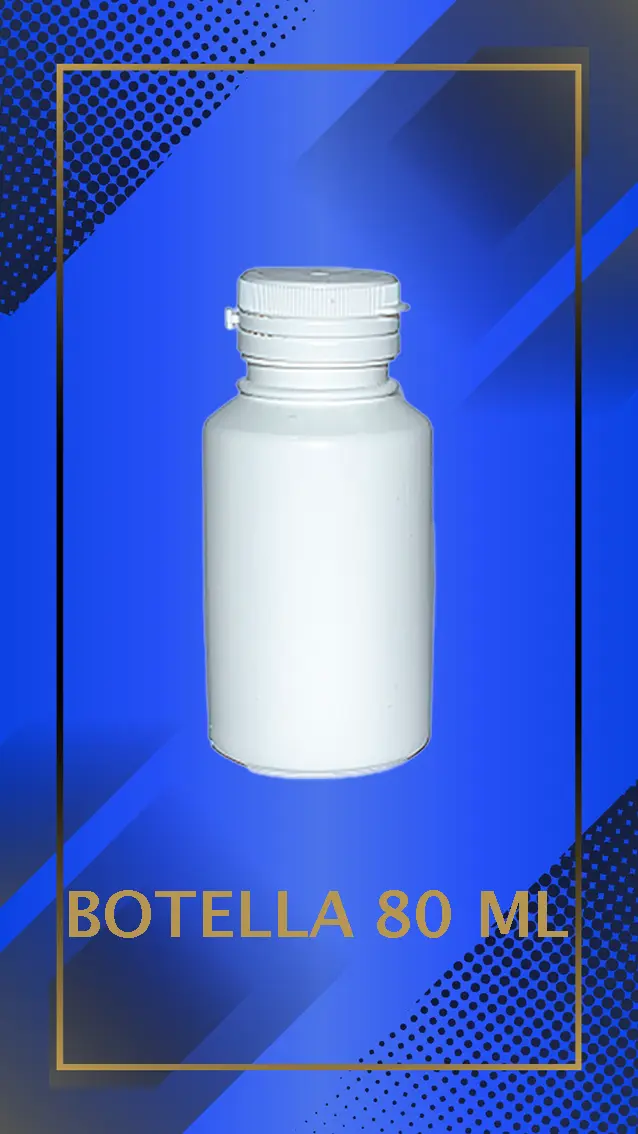 Botella 80 ml tipo inviolable color Blanco con tapa blanca con leyenda escrita en fondo azul