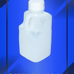 Botella 100 ml tipo garrafa color natural con tapa blanca con leyenda escrita en fondo azul