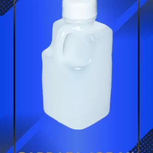 Botella 125 ml tipo garrafa color natural con tapa blanca con leyenda escrita en fondo azul