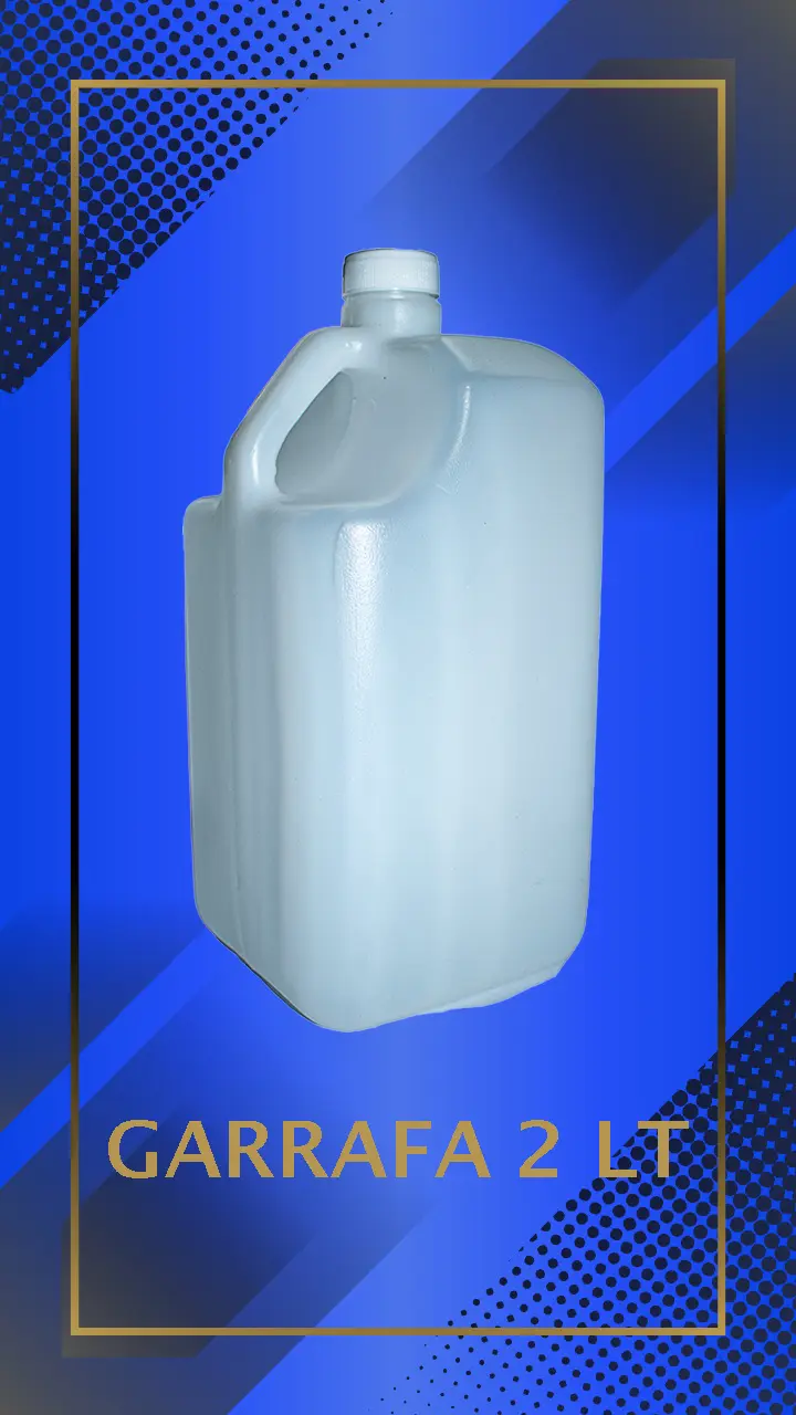 Botella 2000 ml tipo garrafa color natural con tapa blanca con leyenda escrita en fondo azul