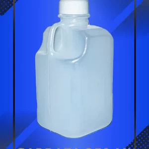 Botella 250 ml tipo garrafa color natural con tapa blanca con leyenda escrita en fondo azul