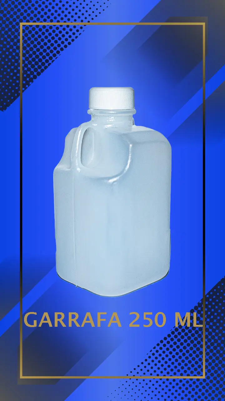 Botella 250 ml tipo garrafa color natural con tapa blanca con leyenda escrita en fondo azul