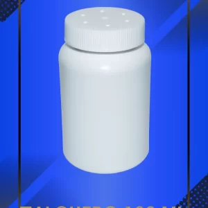 Envase 100 ml tipo talquero color Blanco con tapa blanca con leyenda escrita en fondo azul
