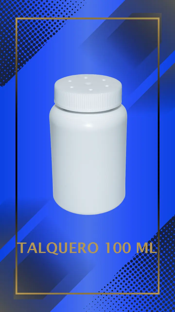 Envase 100 ml tipo talquero color Blanco con tapa blanca con leyenda escrita en fondo azul