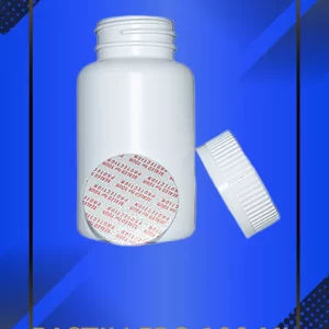 Envase 100 ml tipo Pastillero color Blanco con tapa blanca con leyenda escrita en fondo azul