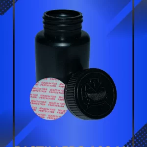Envase 100 ml tipo Pastillero color Negro con tapa blanca con leyenda escrita en fondo azul