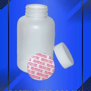 Envase 200 ml tipo Pastillero color Blanco con tapa blanca con leyenda escrita en fondo azul