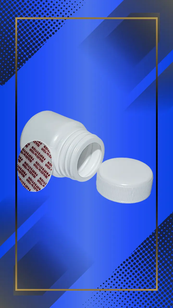 Envase 30 ml tipo Pastillero color Blanco con tapa a la vista acostada en fondo azul