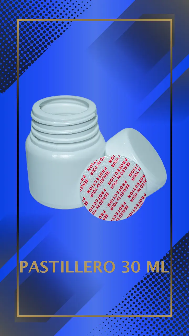 Envase 30 ml tipo Pastillero color Blanco con tapa blanca con leyenda escrita en fondo azul