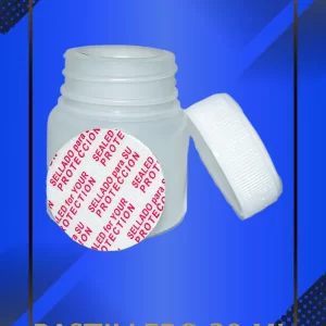 Envase 30 ml tipo Pastillero color natural con tapa blanca con leyenda escrita en fondo azul