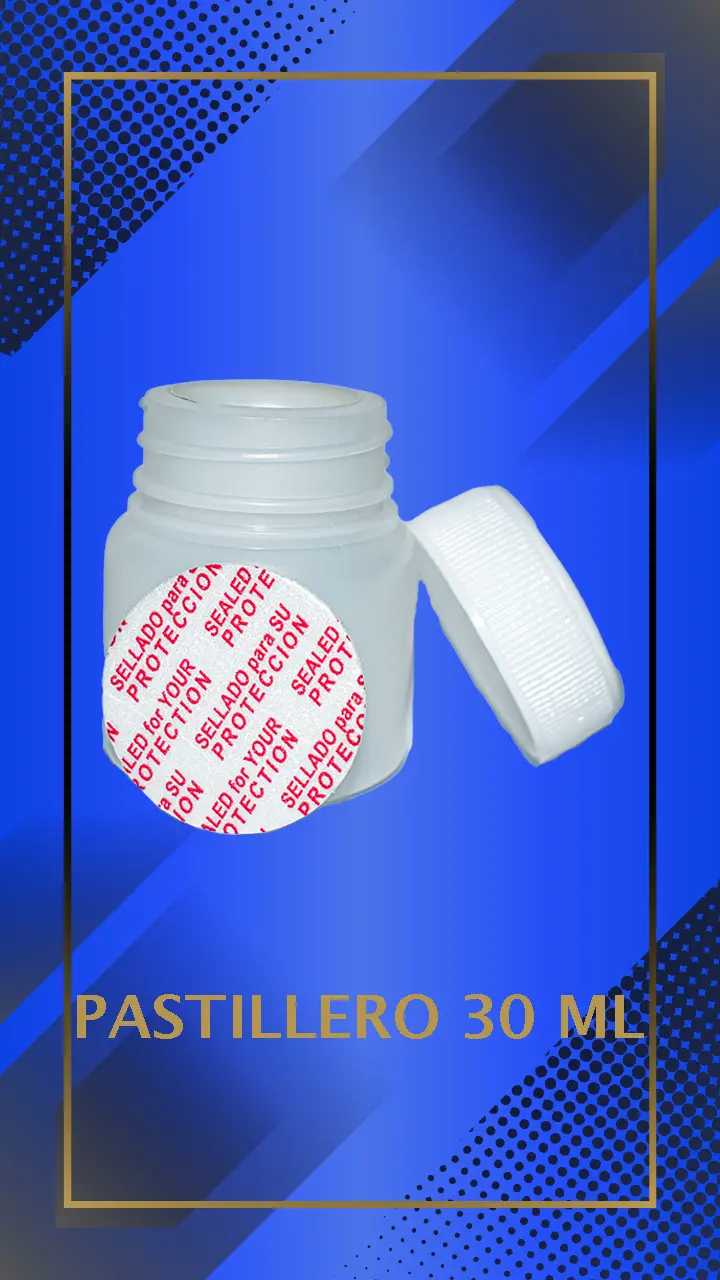 Envase 30 ml tipo Pastillero color natural con tapa blanca con leyenda escrita en fondo azul