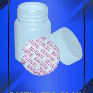 Envase 60 ml tipo Pastillero color Blanco con tapa blanca con leyenda escrita en fondo azul