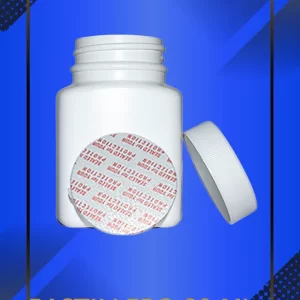 Envase 80 ml tipo Pastillero color Blanco Cuadrado con tapa blanca con leyenda escrita en fondo azul