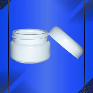 Envase 20 ml tipo Pomadero color Blanco con tapa blanca con leyenda escrita en fondo azul
