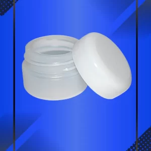 Envase 20 ml tipo Pomadero color Natural con tapa blanca con leyenda escrita en fondo azul