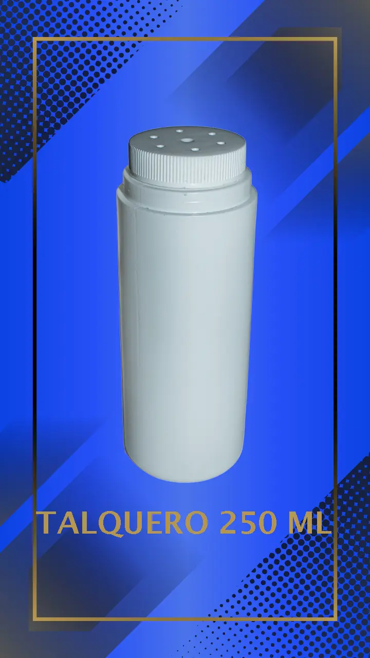 Envase 250 ml tipo talquero color Blanco con tapa blanca con leyenda escrita en fondo azul