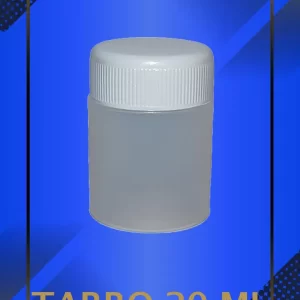 Envase 20 ml tipo Tarro color Natural con tapa blanca con leyenda escrita en fondo azul