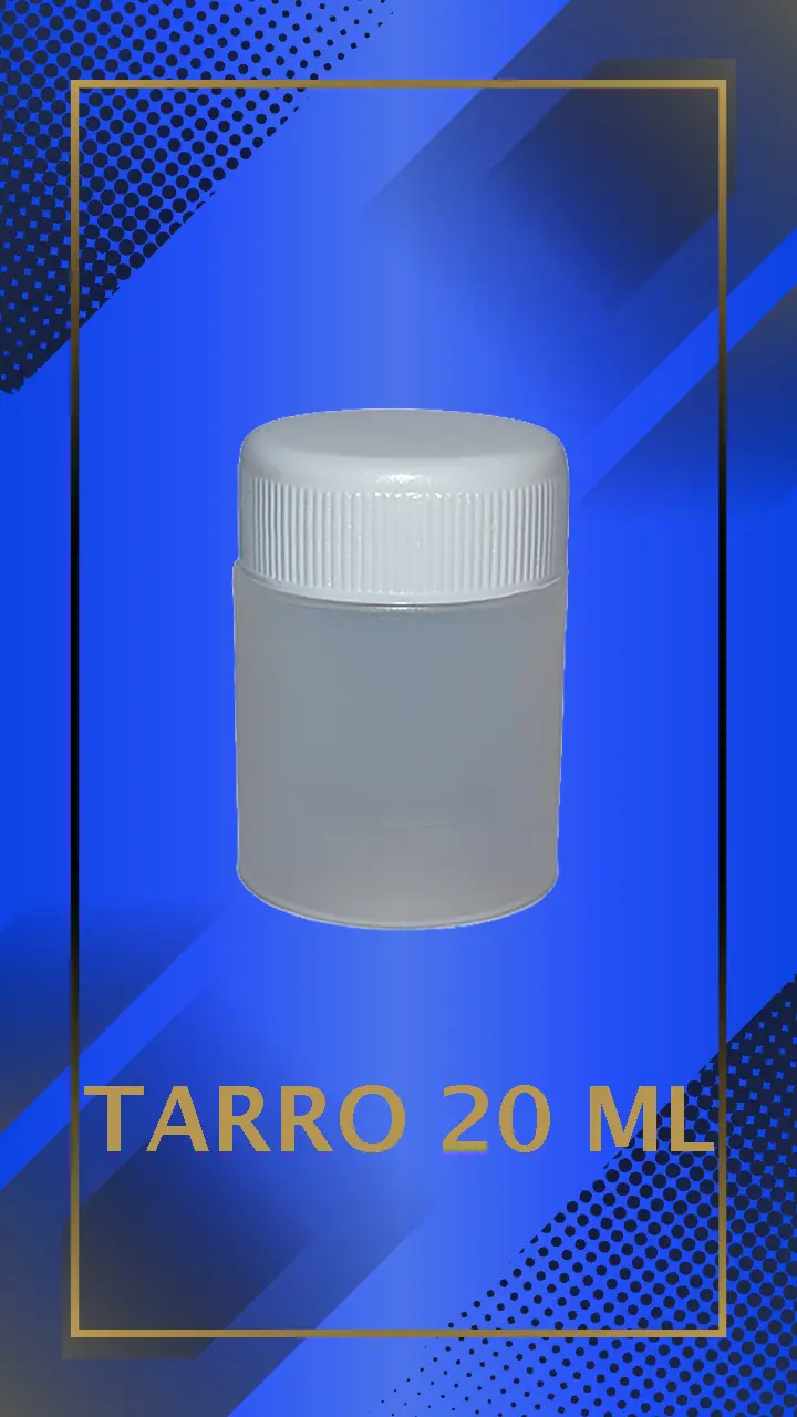 Envase 20 ml tipo Tarro color Natural con tapa blanca con leyenda escrita en fondo azul