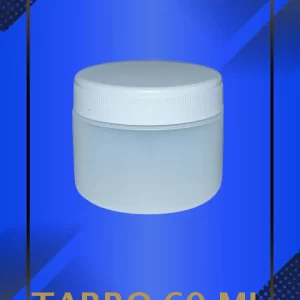 Envase 60 ml tipo Tarro color Natural con tapa blanca con leyenda escrita en fondo azul