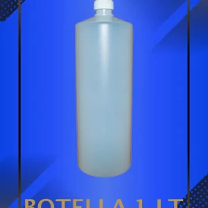 Botella 1000 ml color Natural con tapa blanca con leyenda escrita en fondo azul