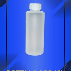 Botella 125 ml color Natural con tapa blanca con leyenda escrita en fondo azul