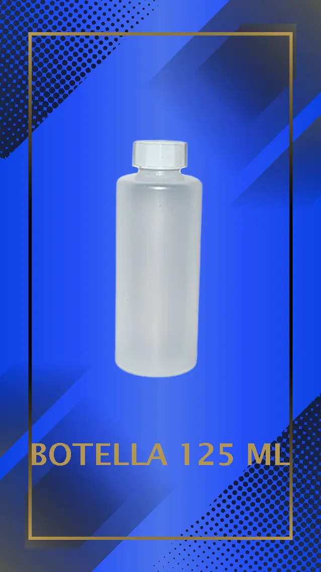 Botella 125 ml color Natural con tapa blanca con leyenda escrita en fondo azul