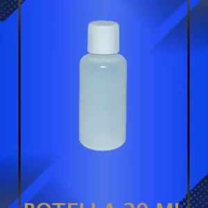 Botella 20 ml color Natural con tapa blanca con leyenda escrita en fondo azul