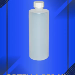 Botella 250 ml color Natural con tapa blanca con leyenda escrita en fondo azul