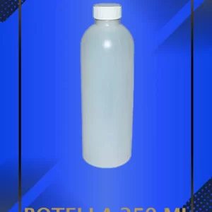 Botella 250 ml tipo Boston color Natural con tapa blanca con leyenda escrita en fondo azul