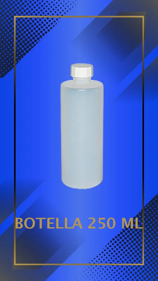 Botella 250 ml color Natural con tapa blanca con leyenda escrita en fondo azul
