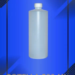 Botella 500 ml color Natural con tapa blanca con leyenda escrita en fondo azul