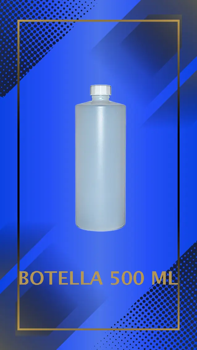 Botella 500 ml color Natural con tapa blanca con leyenda escrita en fondo azul