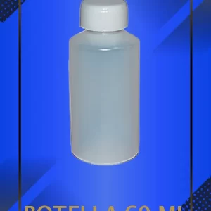 Botella 60 ml color Natural con tapa blanca con leyenda escrita en fondo azul