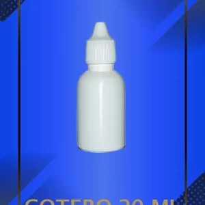 Gotero de 20 ml color blanco con tapa blanca con leyenda escrita