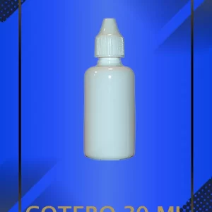 Gotero de 30 ml color blanco con tapa blanca con leyenda escrita