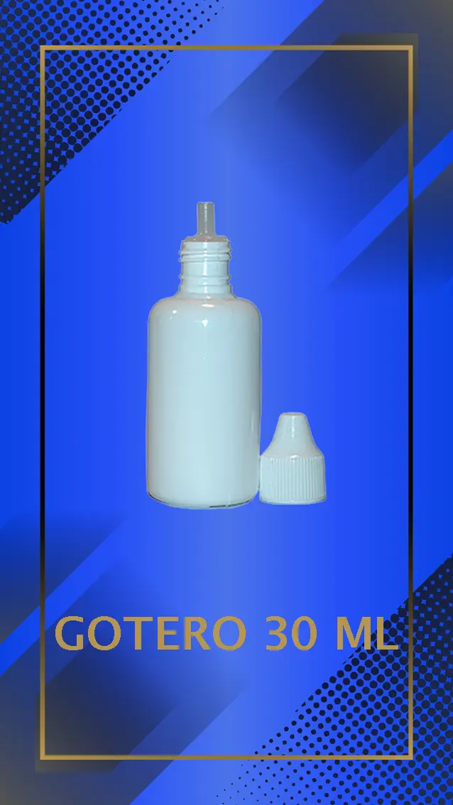Gotero de 30 ml color blanco con tapa blanca con e inserto perforado a la vista con leyenda