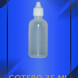Gotero de 35 ml color Natural con tapa blanca con leyenda escrita en fondo azul