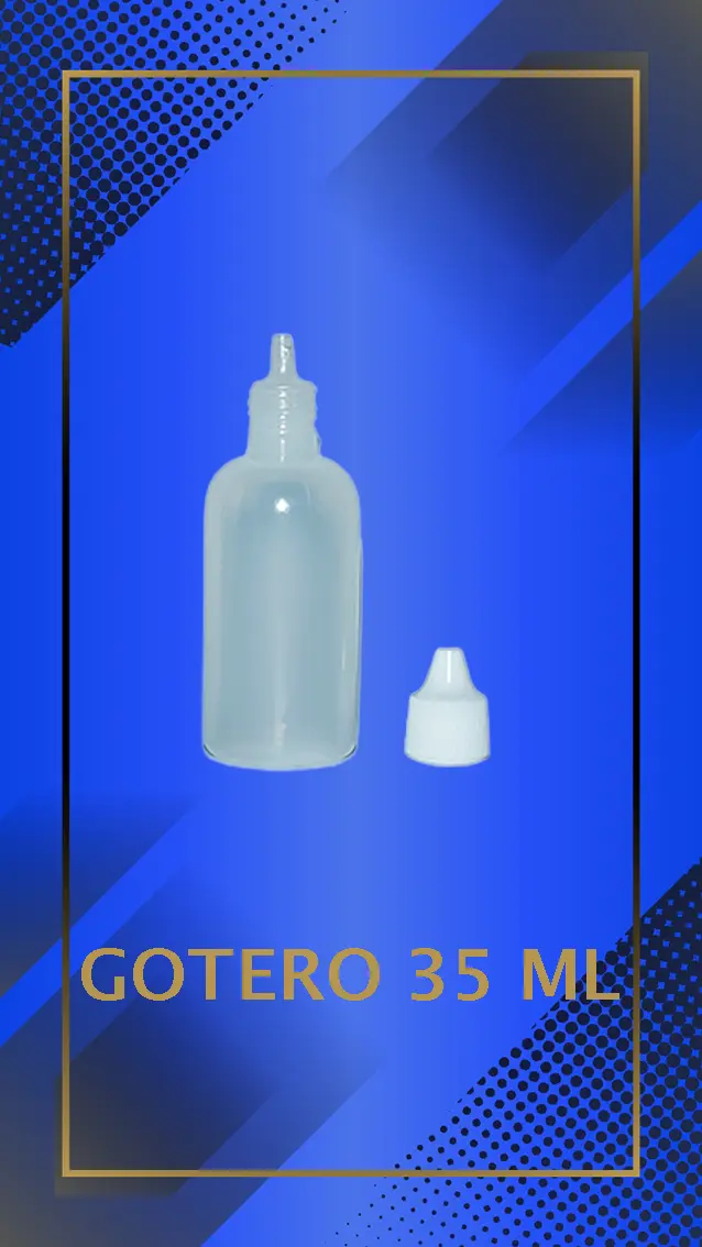 Gotero de 35 ml color natural con tapa blanca con e inserto perforado a la vista con leyenda