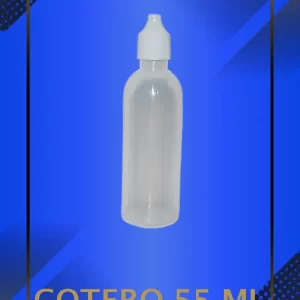 Gotero de 55 ml color Natural con tapa blanca con leyenda escrita en fondo azul