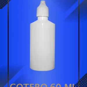 Gotero de 60 ml color blanco con tapa blanca con leyenda escrita en fondo azul