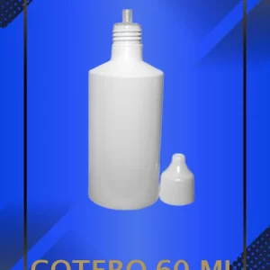 Gotero de 60 ml color blanco con tapa blanca con e inserto perforado a la vista con leyenda en fondo azul