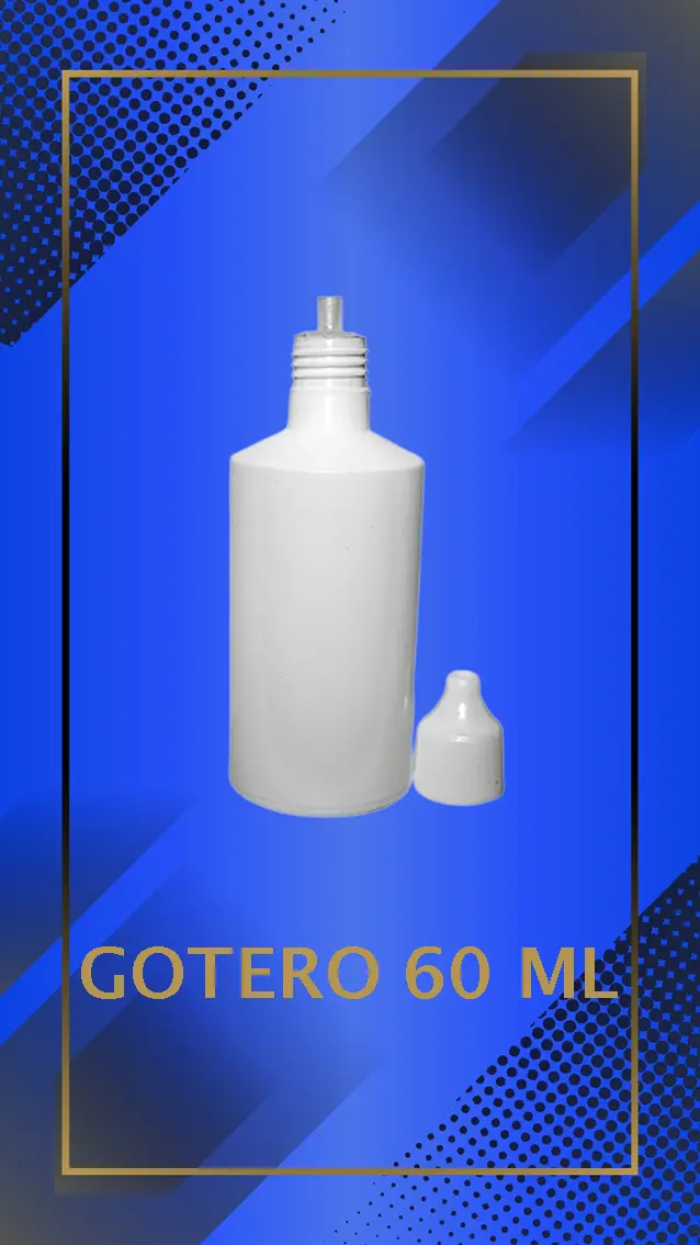 Gotero de 60 ml color blanco con tapa blanca con e inserto perforado a la vista con leyenda en fondo azul